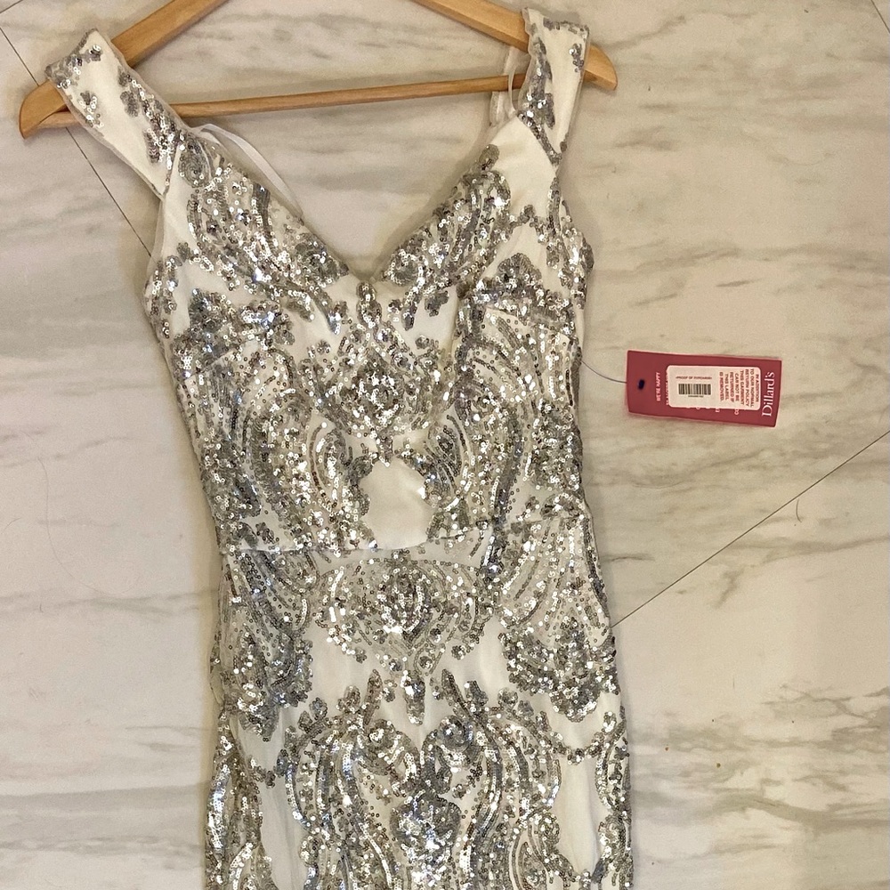 Betsy Adam floor length gown. White w silver sequins. Gorgeous dress.Bought 2020